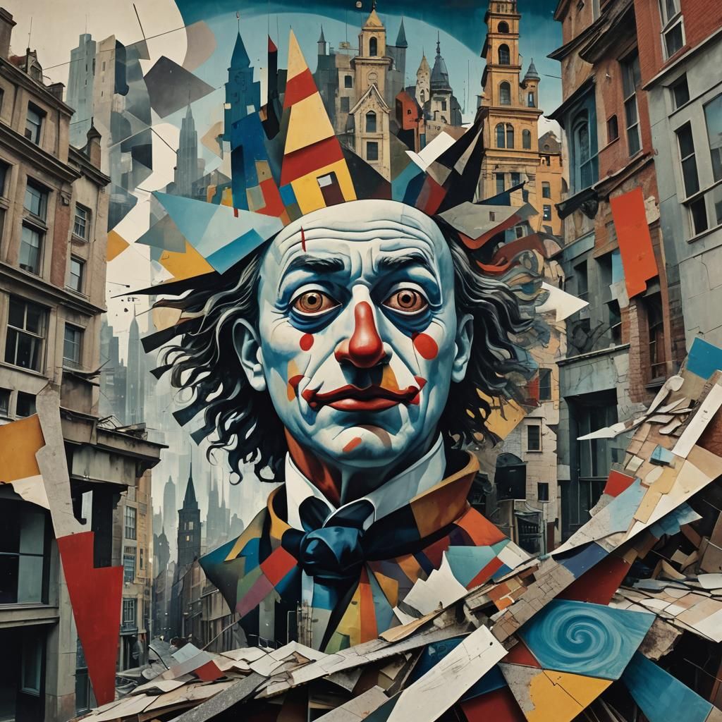 Surreal Clown Collage in Abstract Expressionist Style