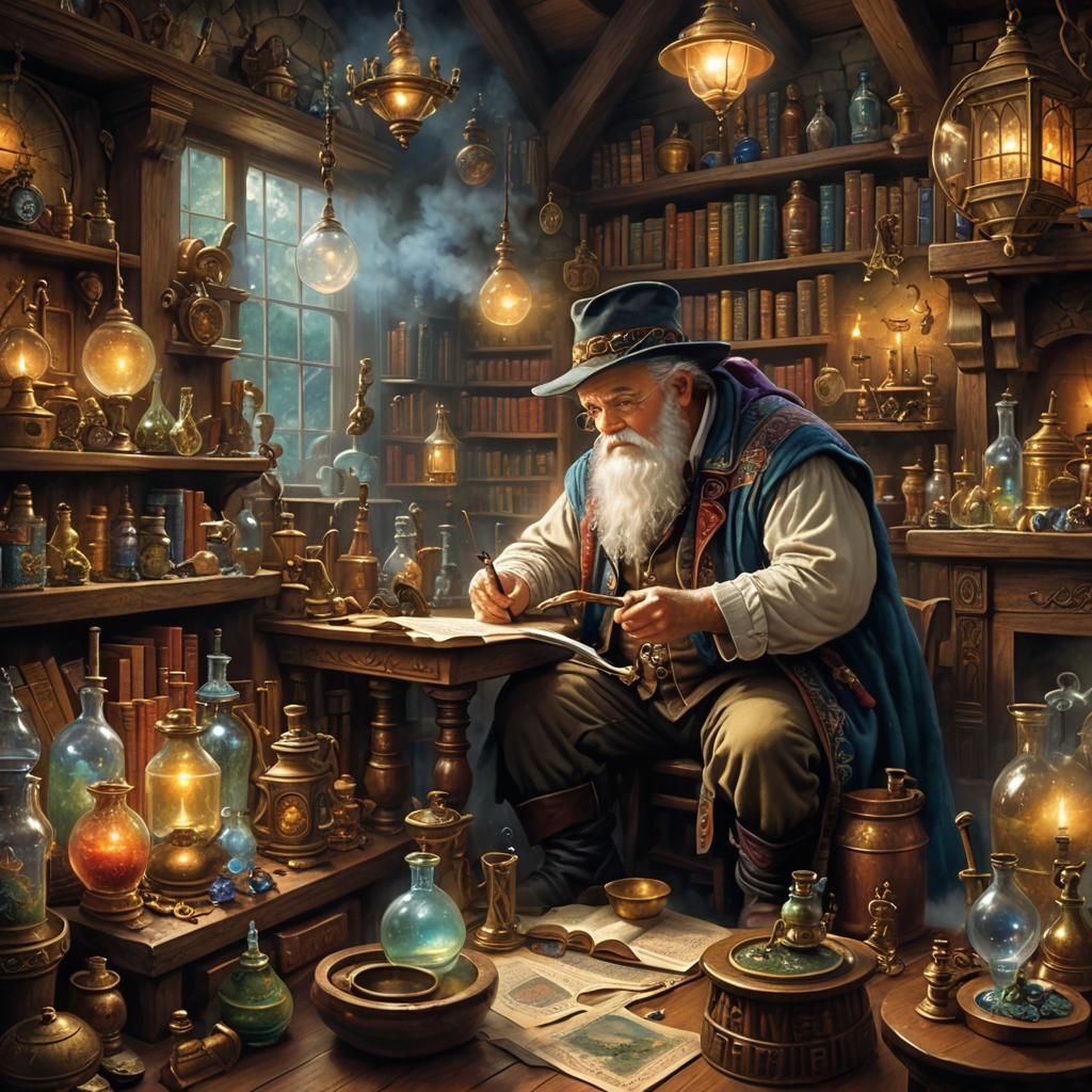Mystical Alchemist Immersed in Craft, Ethereal Fantasy