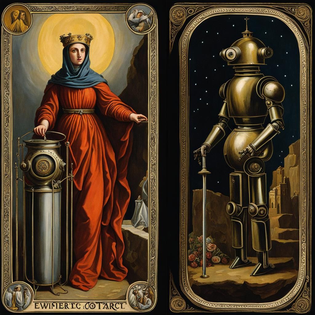 Robot Temperance Tarot Card in Classical Style