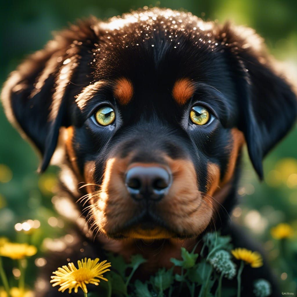 Chibi Rottweiler Puppy Portrait in Bioluminescent Forest