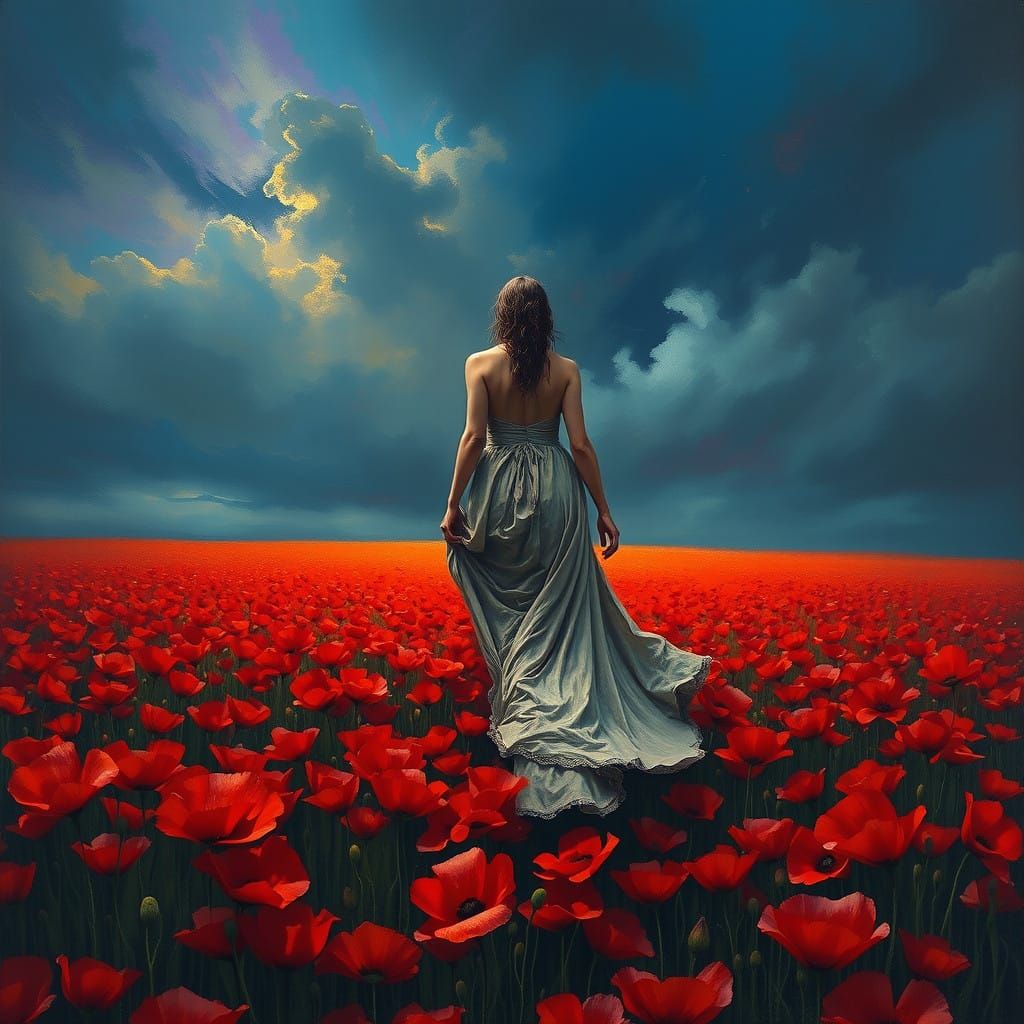 Moll Walks Through a Field of Poppies Under a Dark Adonis Bl...