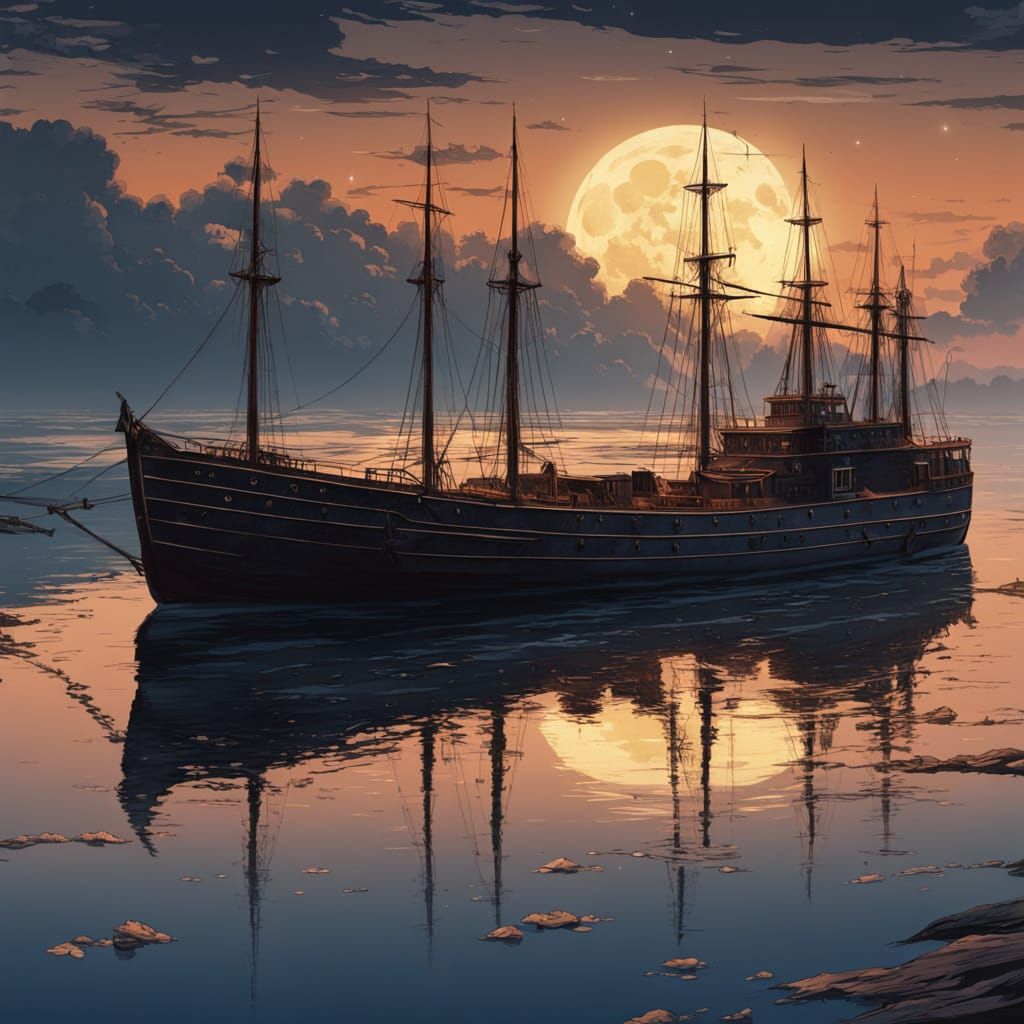 Sailing Vessel Under Starry Night Sky