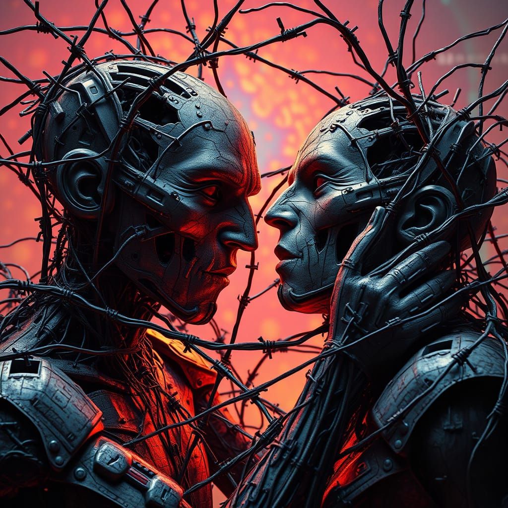 Barbed Wire Figures Entwined in Struggle