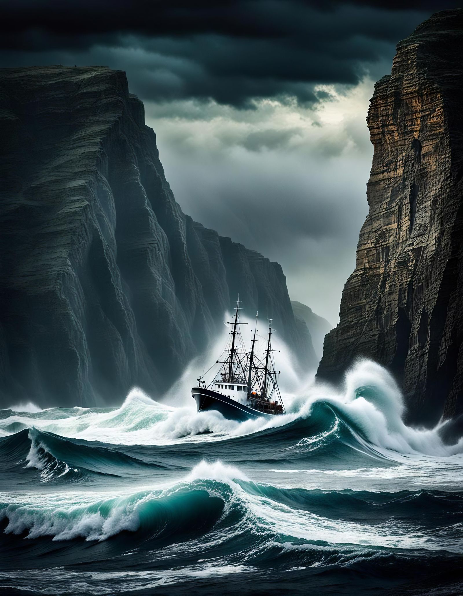 Tempestuous Seas: Fishing Boat Braving Gigantic Waves