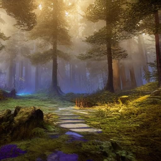 Mystical Being Emerges on Glowing Forest Path