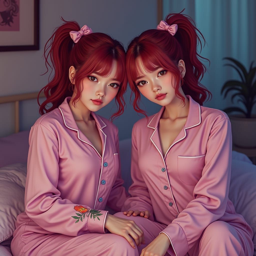 Twin Sisters in Pink Pajamas: A Pop Art Portrait
