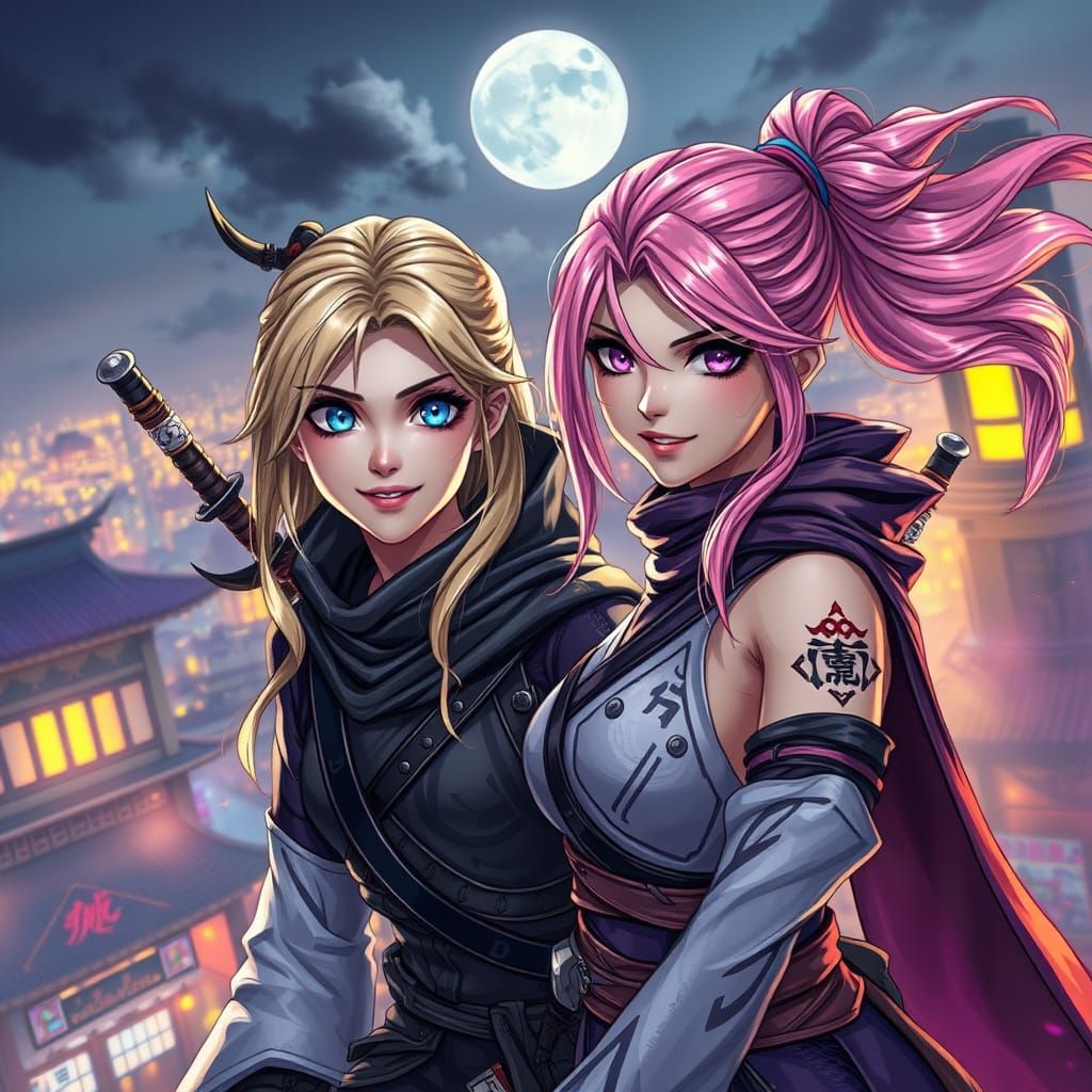 Female Ninjas Smiling on Rooftop in Alcohol Ink Style