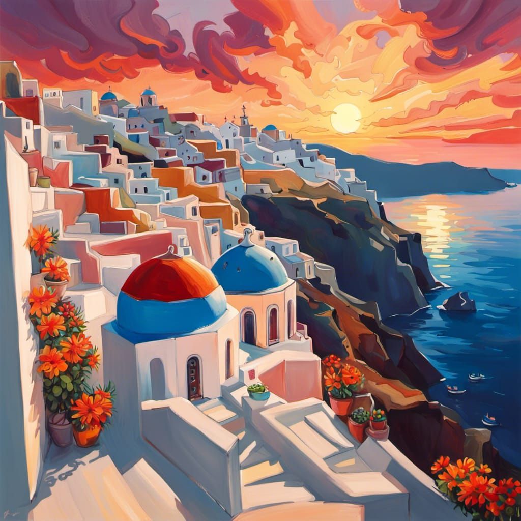 Santorini Sunset: Graffiti Art Sea View