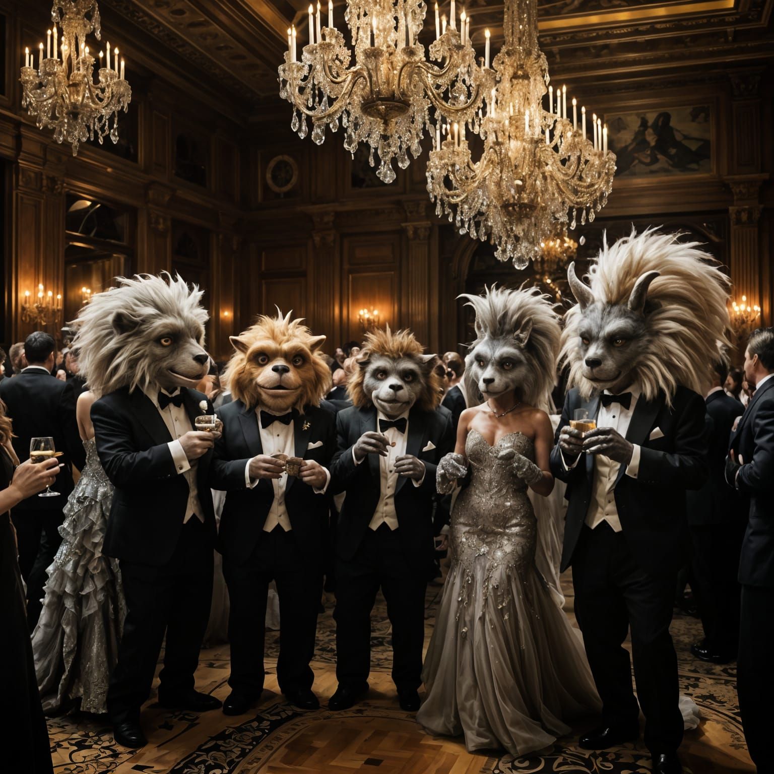 Elegant Furry Monsters Ball in Opulent Ballroom