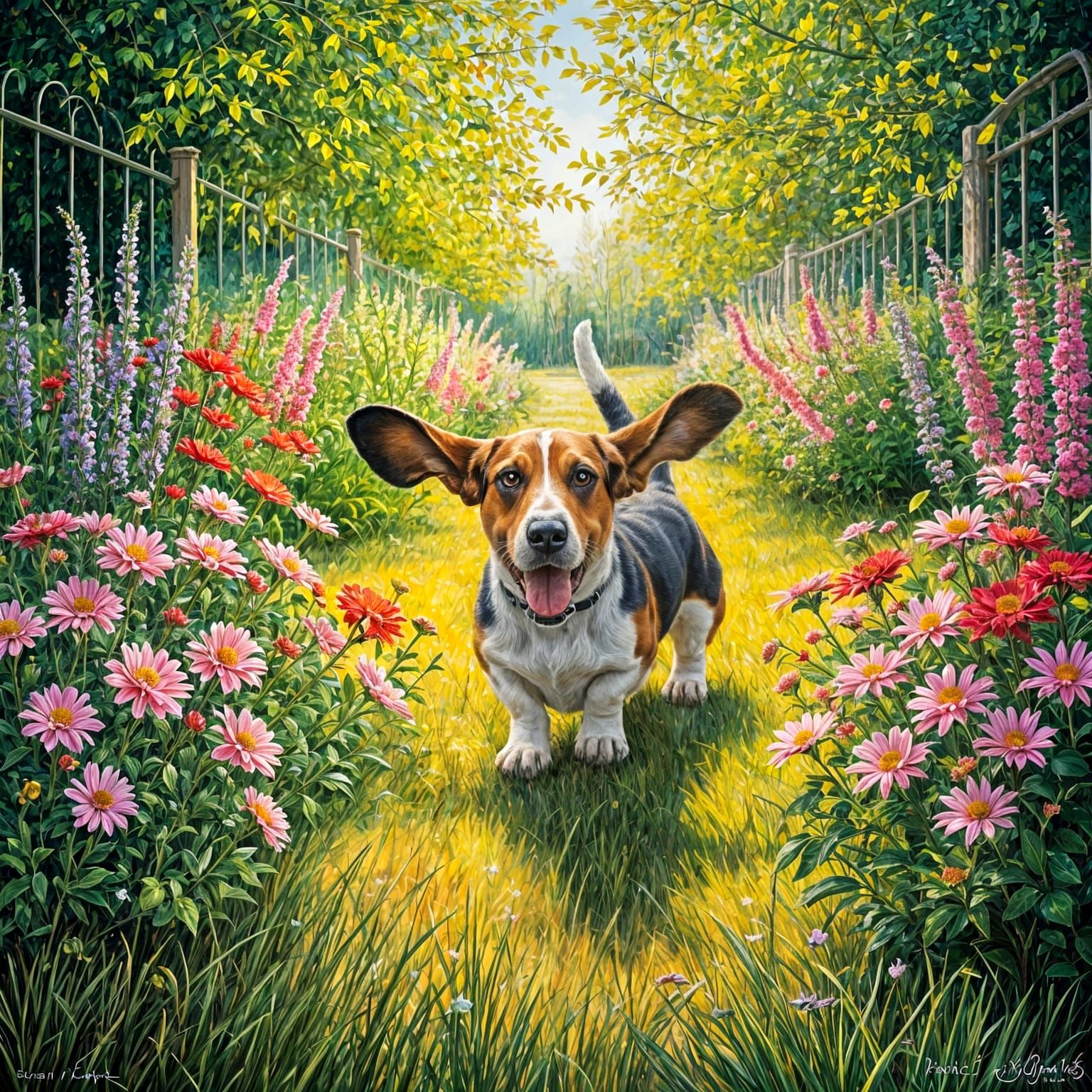 Playful Basset Hound in Sunny Garden
