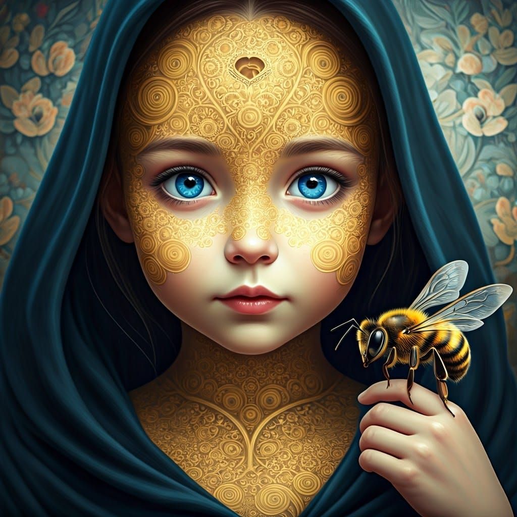 Enchanted Girl with Honeybee in Golden Fractal Attire