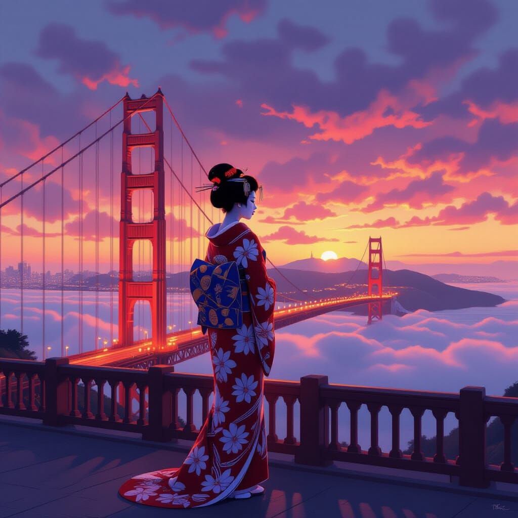 Geisha on Golden Gate Bridge at Dusk, Painterly Style