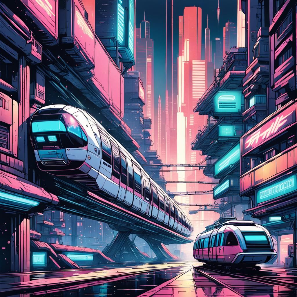 Cyberpunk Monorail in Anime Manga Style
