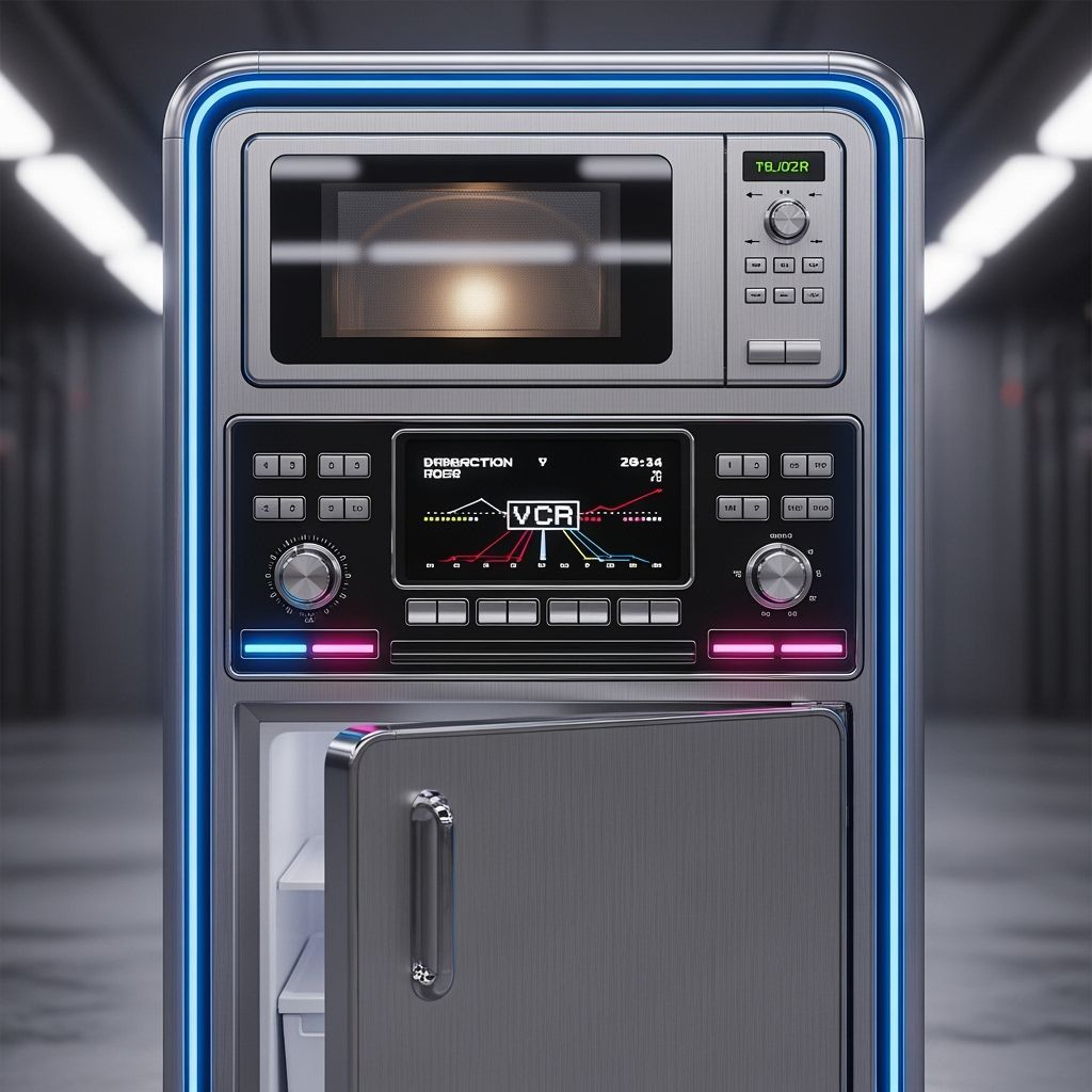 Retro-Futuristic VCR Microwave Refrigerator in Sleek Style