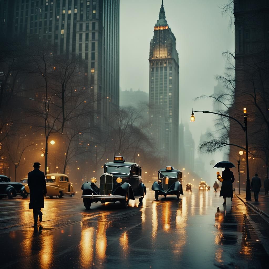 Rainy City Street with Vintage Cars, Cinematic Style