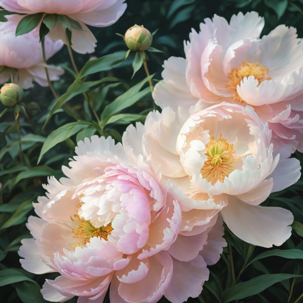 Impressionistic Peony Flowers in Soft Pinks and Whites