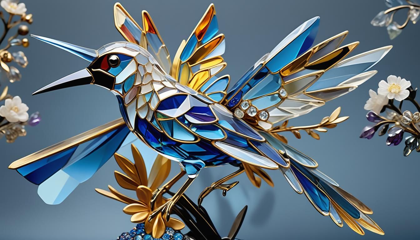 Glass Bird with Crystal Wings in Art Nouveau Style