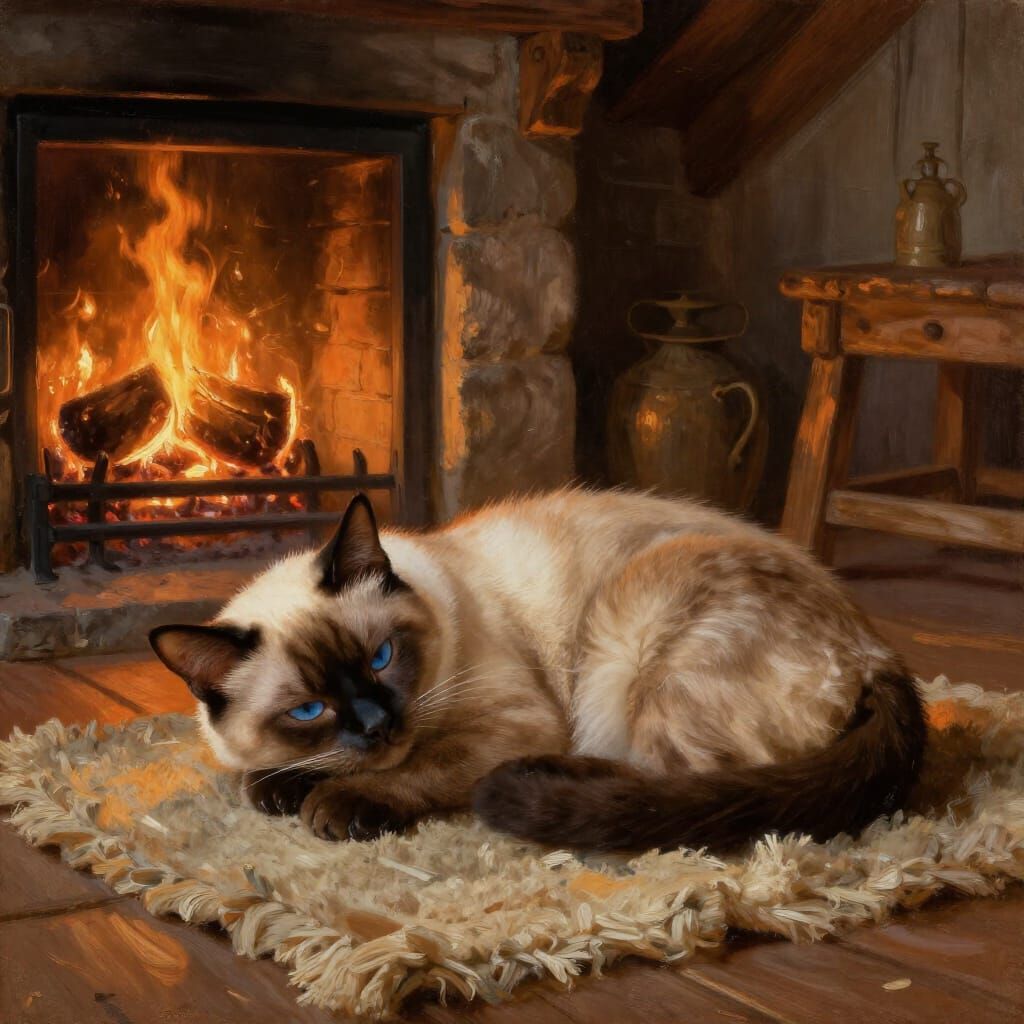 Siamese Cat Sleeping by Fireplace in Rustic Cottage Oil Pain...