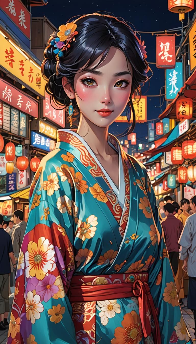 Anime Girl in Night Market, Moebius-Inspired Art