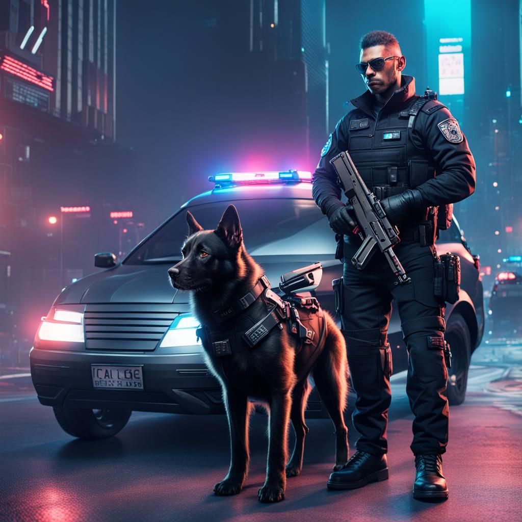 Cyberpunk Police Officer and Dog Near Car