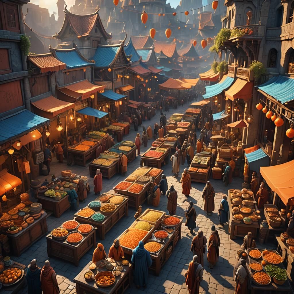 Bustling Marketplace: Vibrant Fantasy Concept Art