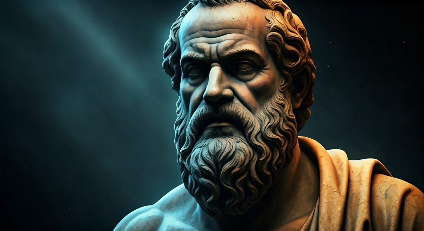Ancient Philosopher Statue in Dramatic Lighting