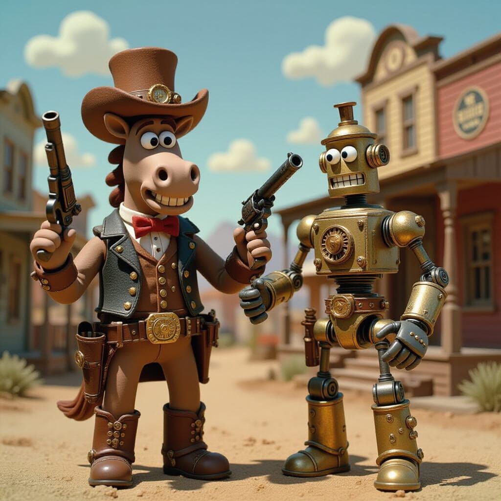 Steampunk Horse and Robot in Claymation Style