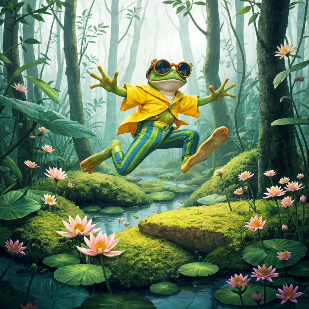 Whimsical Frog Leaps Through Dreamy Forest