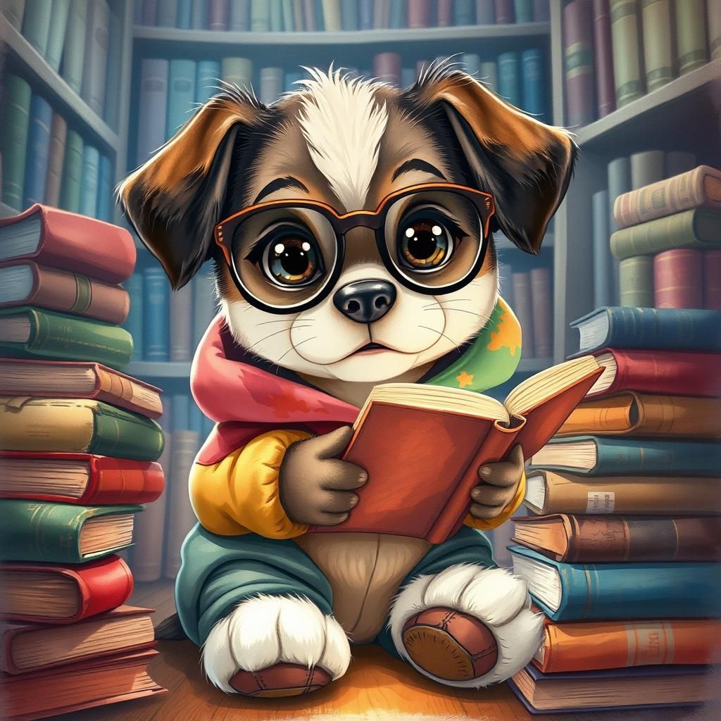 Cute Puppy Reading in Library, Watercolor Illustration