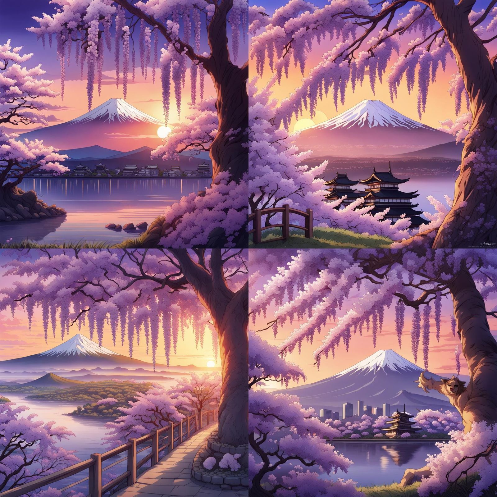 Japanese sunset with purple wisteria