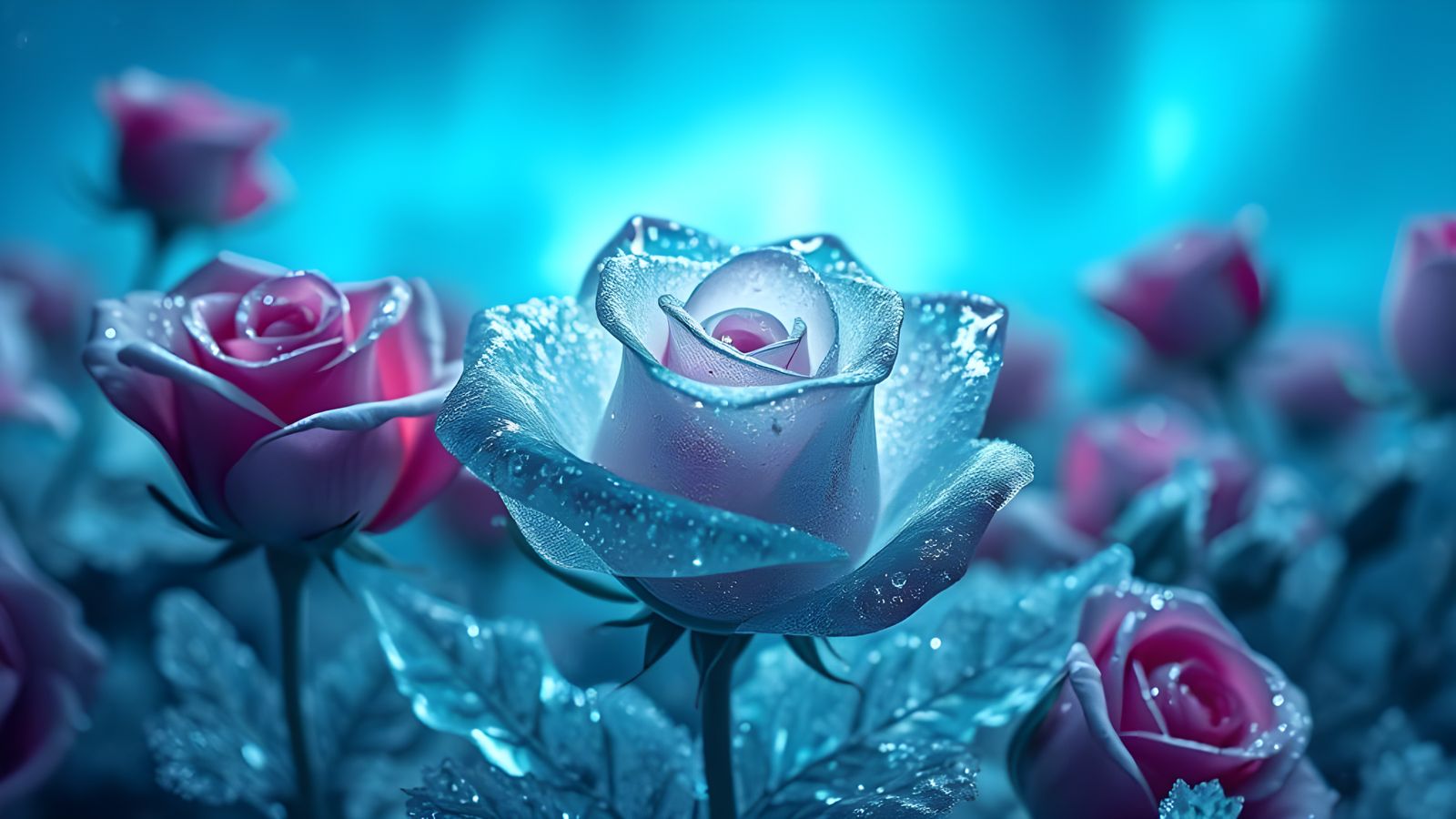 Frozen Roses in Ethereal Light Blue Haze