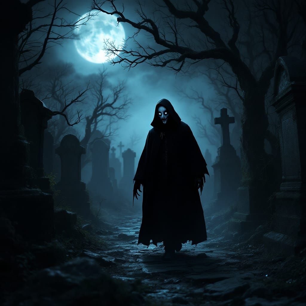 Grim Reaper in Cemetery Observing Rising Souls