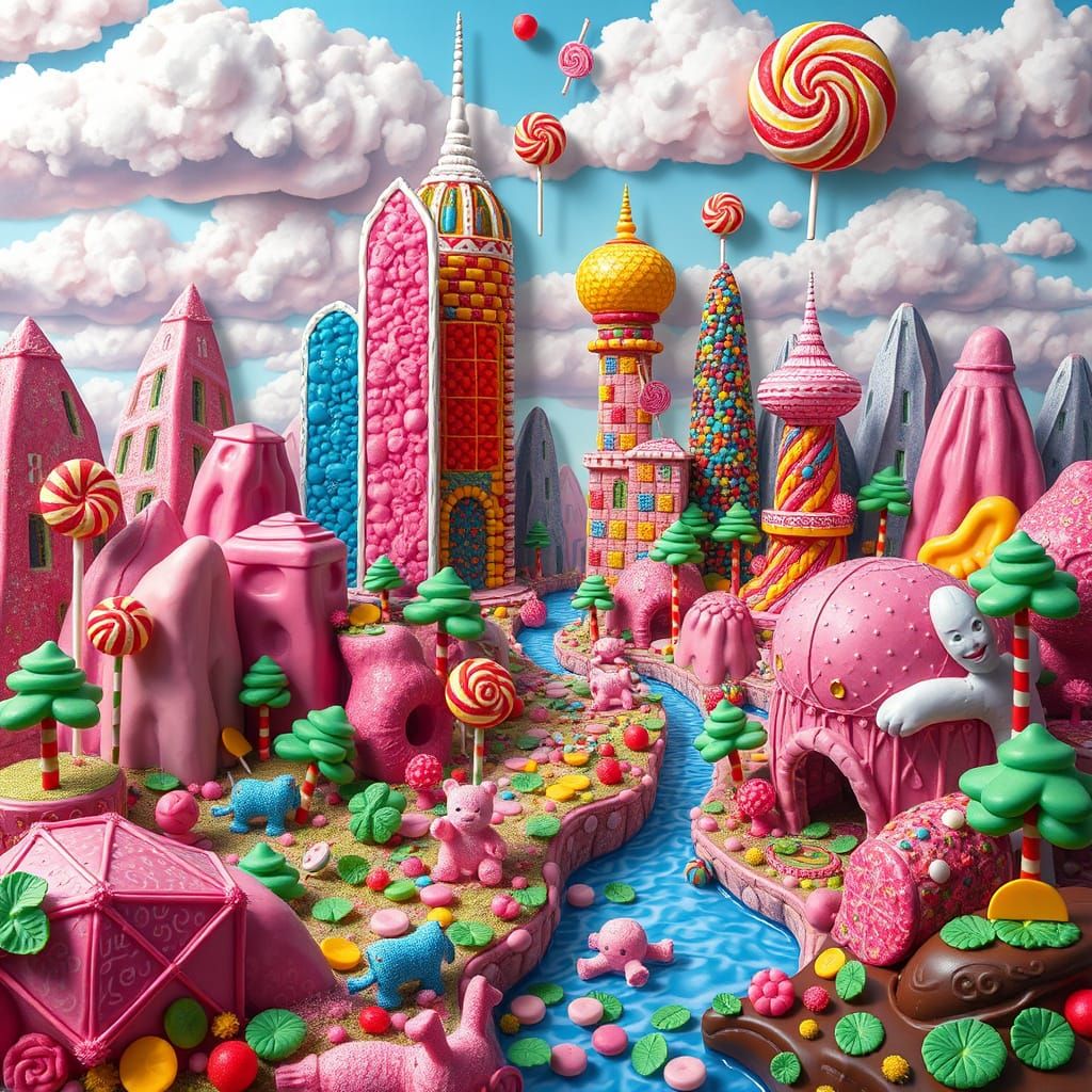 Candy World Landscape: Sugar Glass, Lollipops, & Chocolate R...