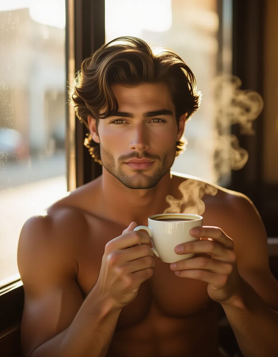 Romantic Portrait of Young Man with Coffee
