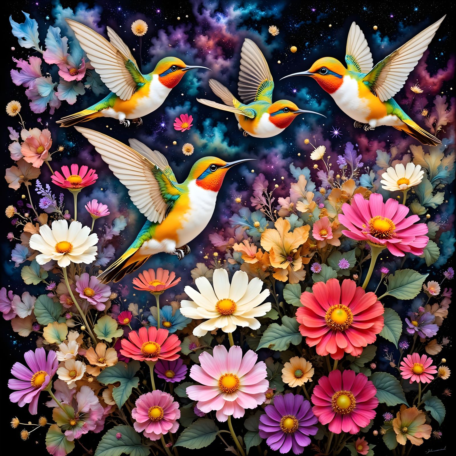 Hummingbirds and Zinnias in Bioluminescent Hyperdetailed Sty...