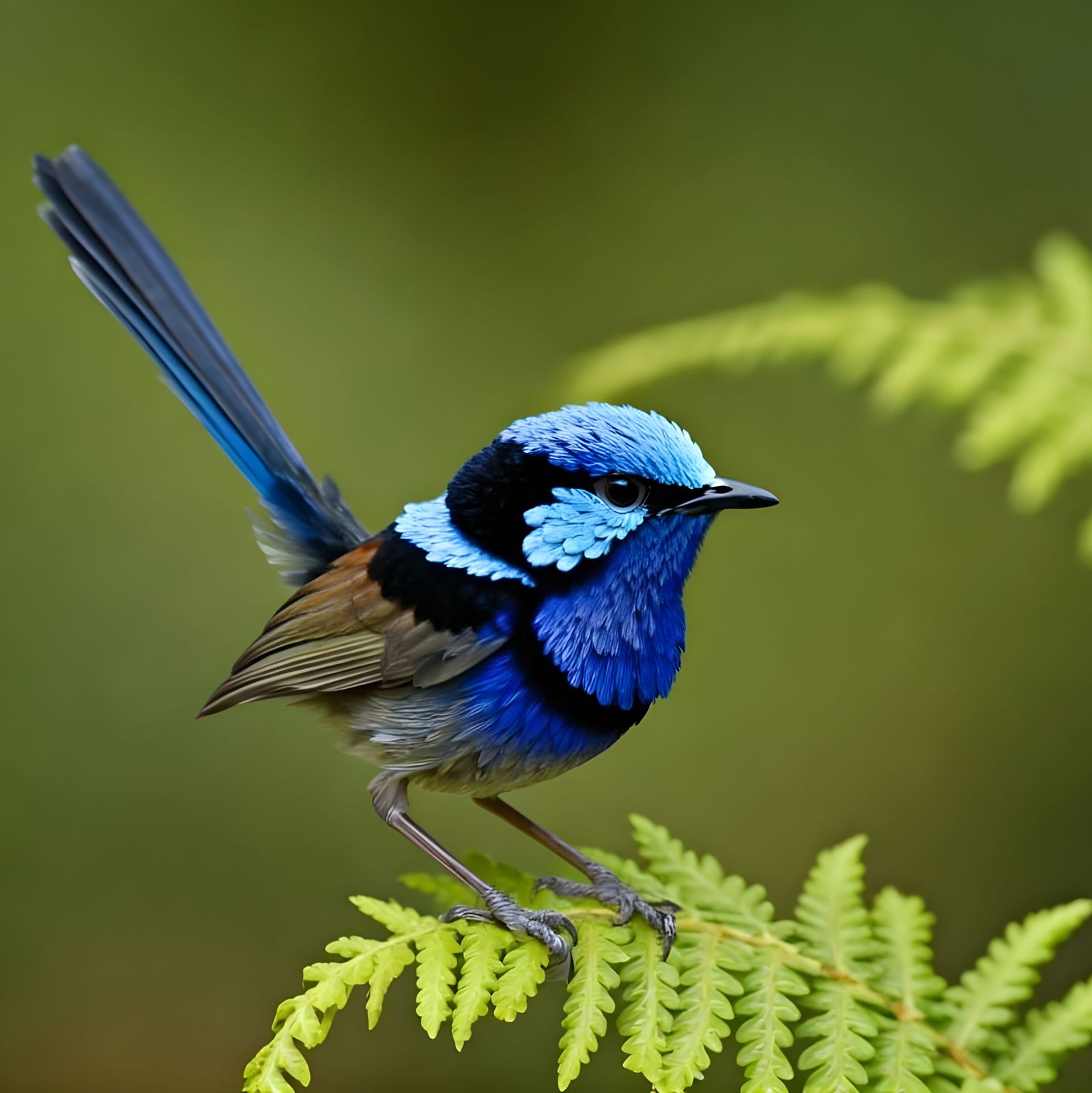 Australian Blue Wren Perched Amidst Fern Foliage