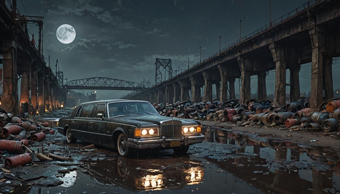 Dieselpunk Limousine on Ruined Bridge at Night