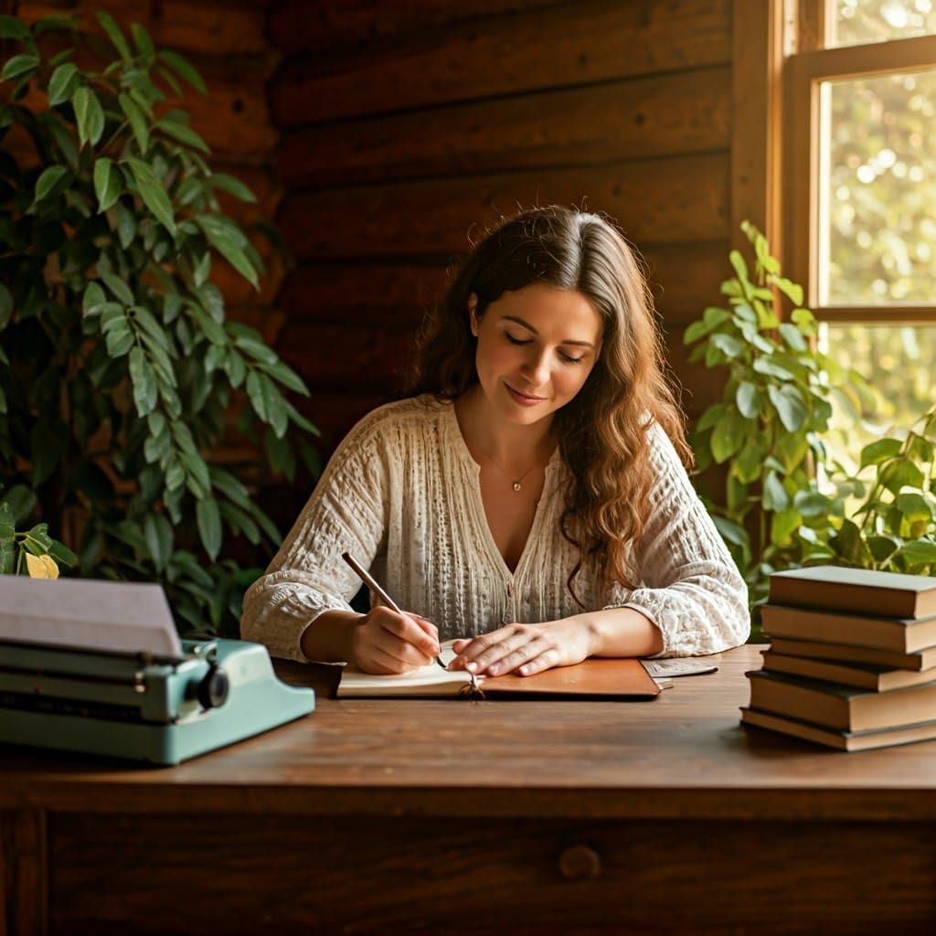 Serene Woman in Cozy Cabin, Miyazaki-Inspired