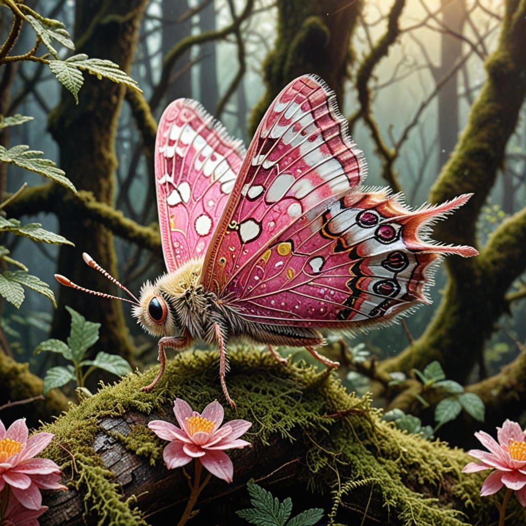 Fuzzy Moth on Mossy Branch in Olga Kvasha Style