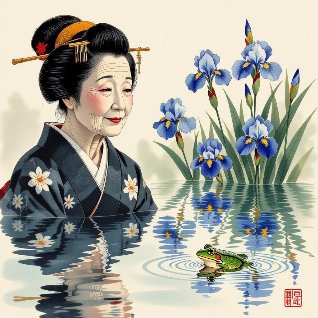 Ukiyo-e Style: Woman's Reflection with Irises