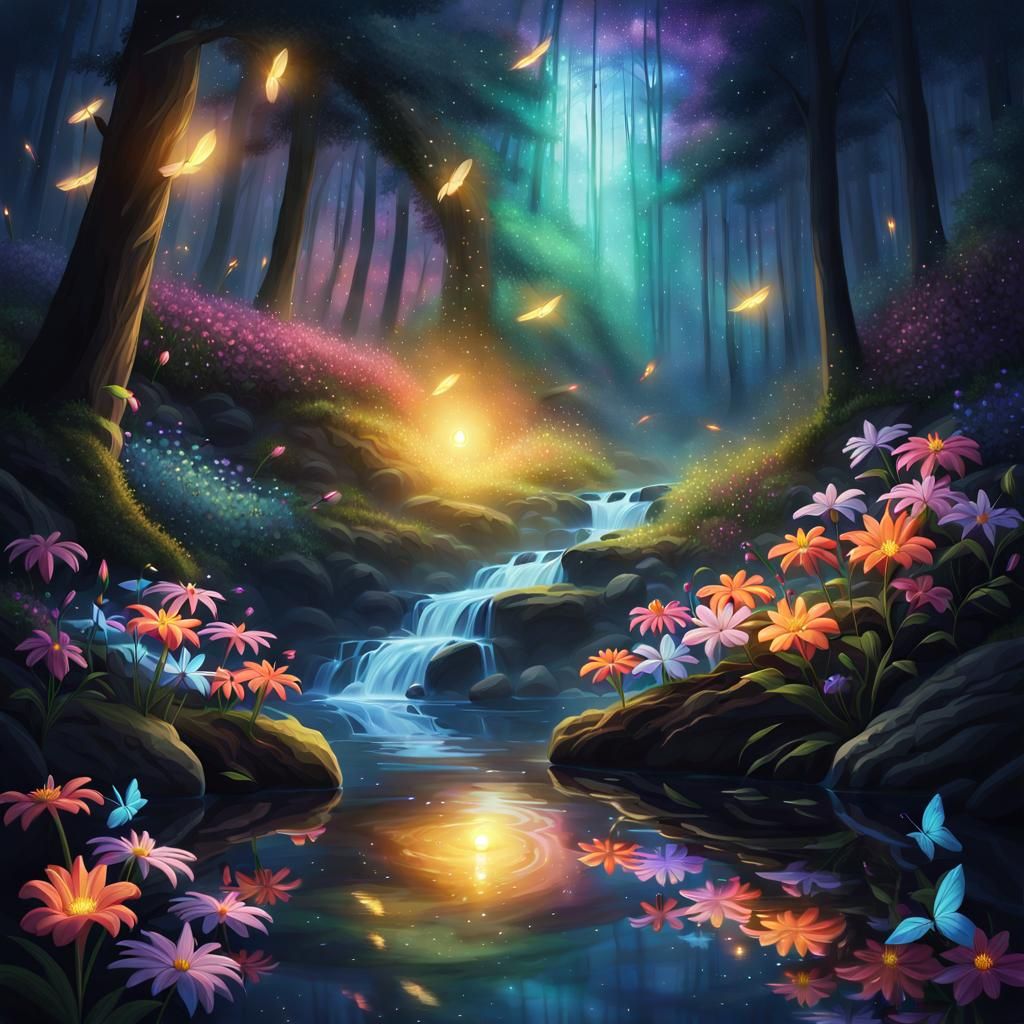 Enchanted Forest: Colorful Flowers in Dark Fantasy Style
