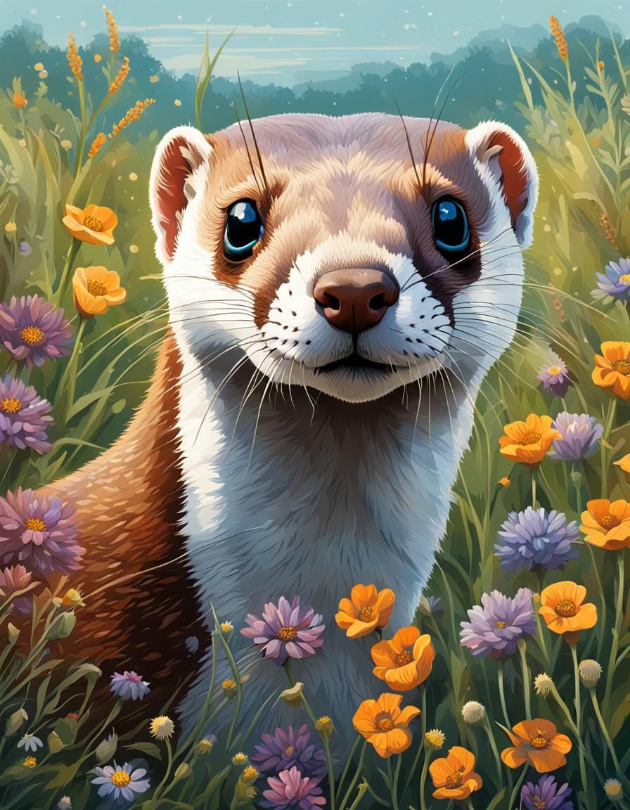 Detailed Weasel Portrait in Wildflower Field