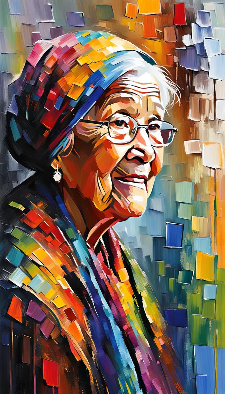 Grandmother with Quilt: Impasto Post-Impressionist Painting