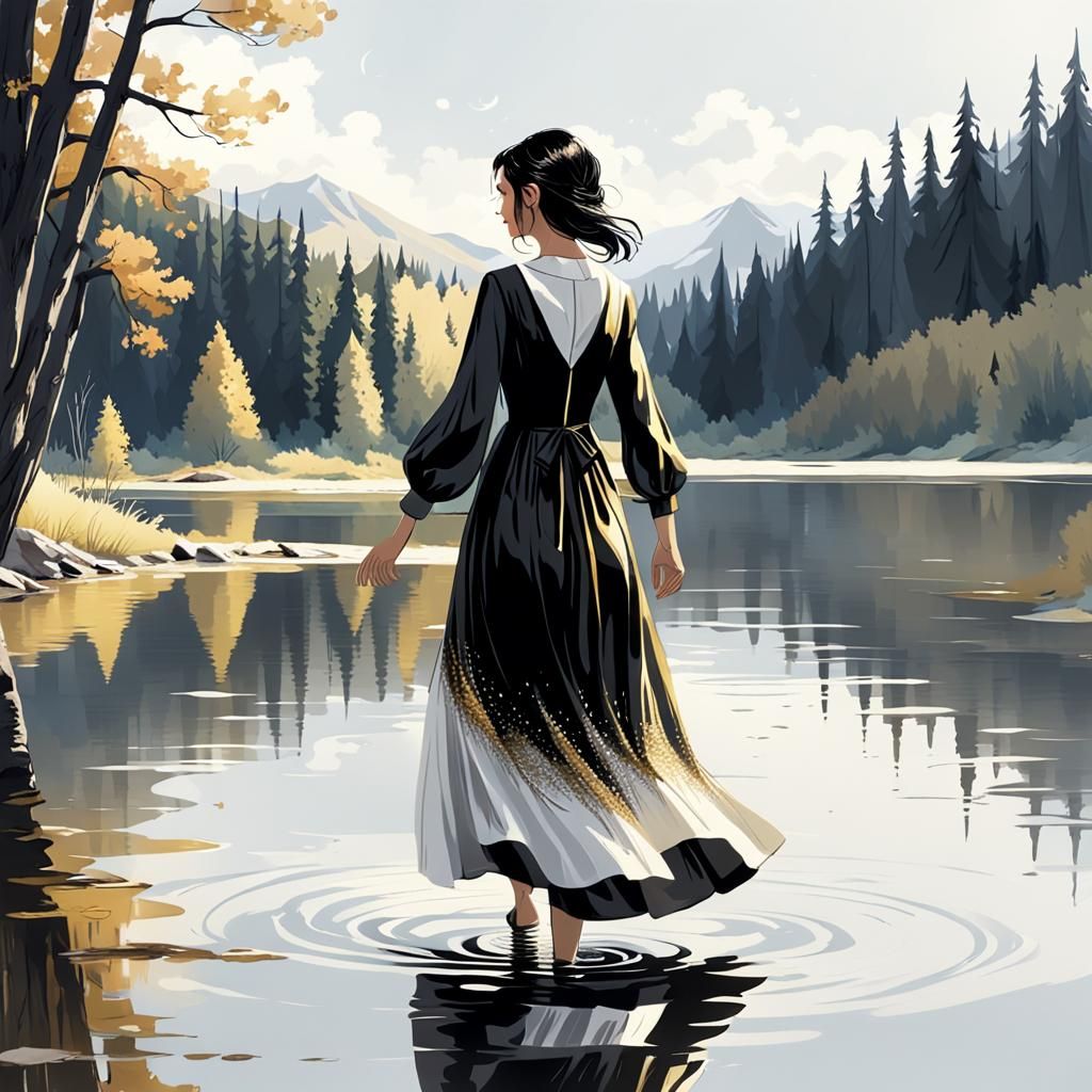 Woman in Black and White Dress Enters Lake