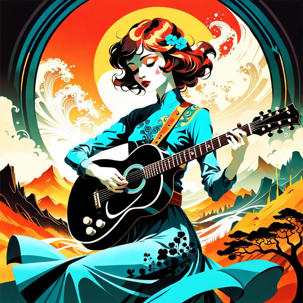 Art Deco Double Exposure Guitarist in Prism Colors