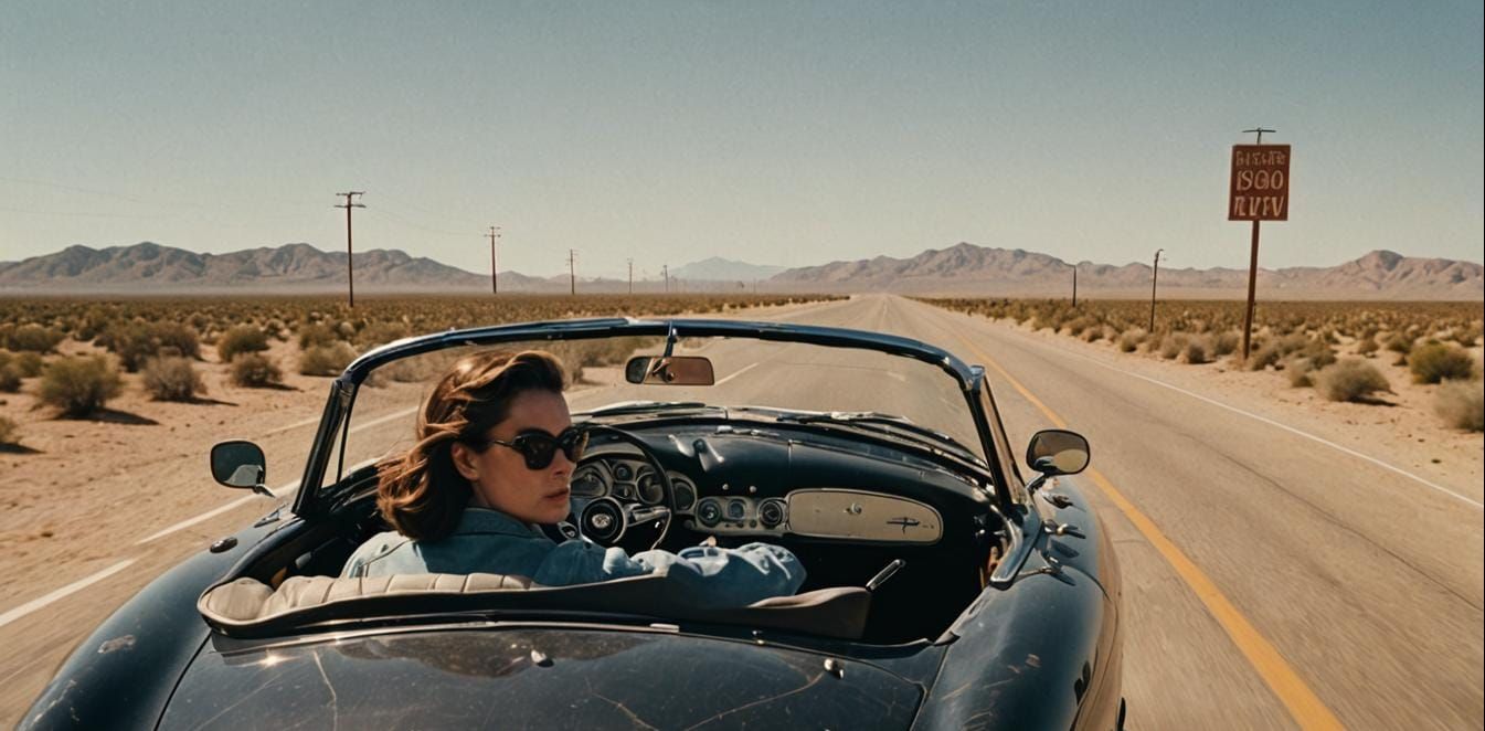 Woman Drives Classic Jaguar in Post-Apocalyptic Desert