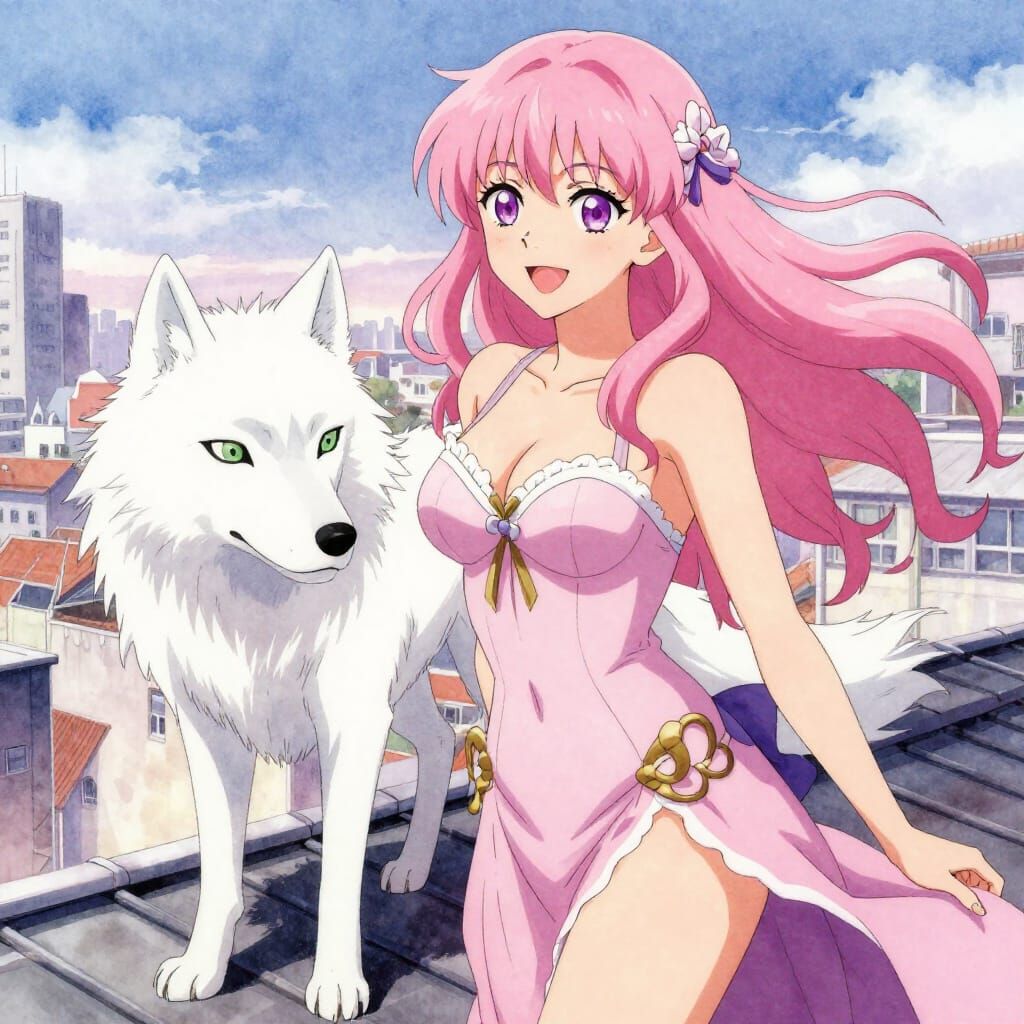 Anime Rooftop Scene with Pink Haired Woman and White Wolf