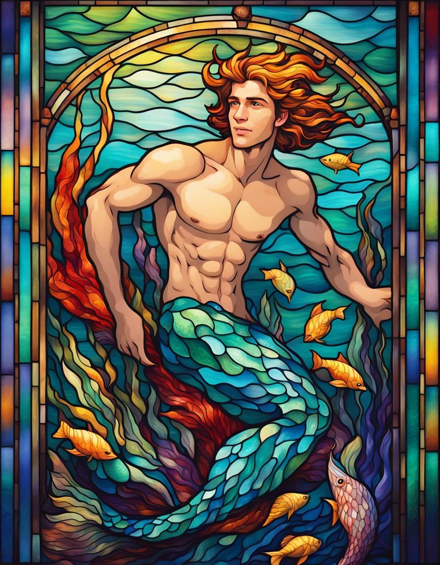 a vibrant stained glass artwork portraying an underwater scene, a young handsome male merman as the central figure