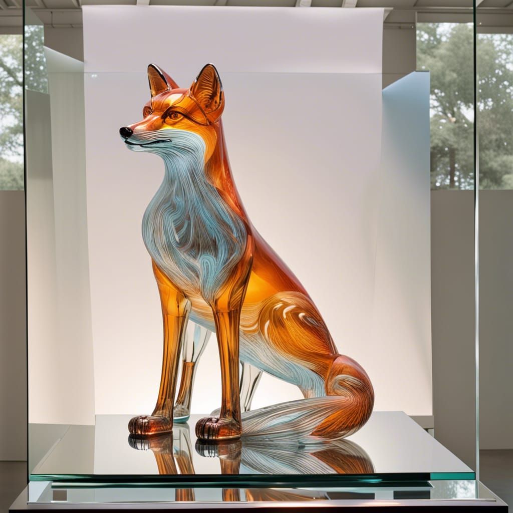 Transparent Blown Glass Fox on Mirrored Platform