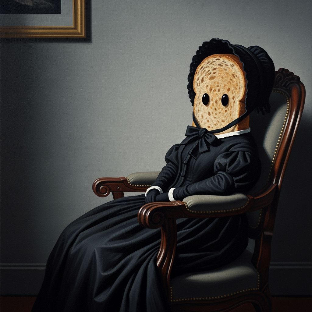 Whistler's Toast: Oil Painting of Animated Rye Toast in Gown